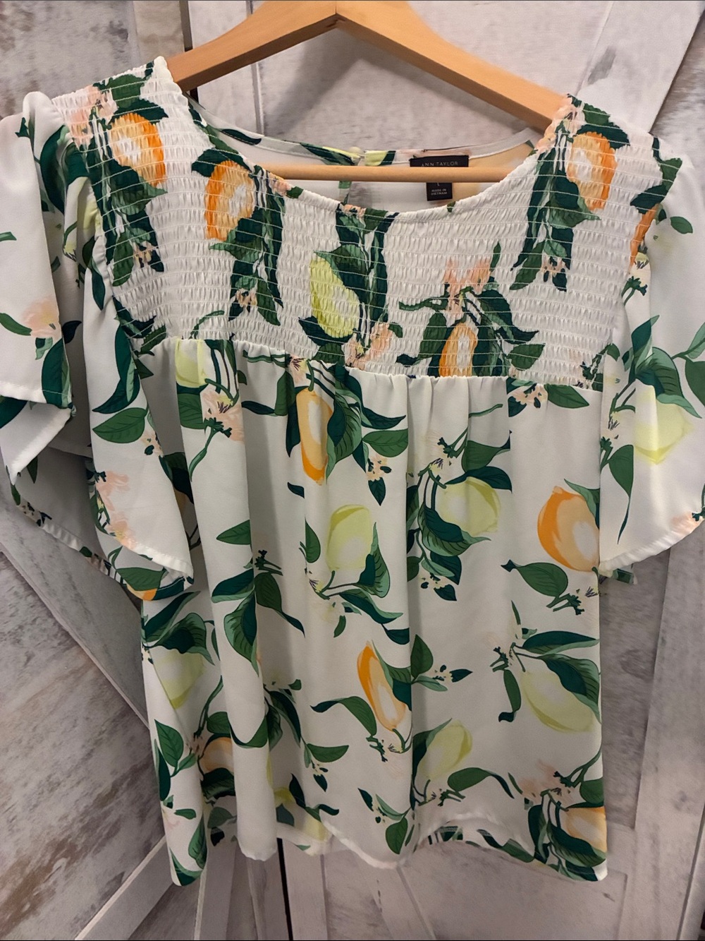 Ann Taylor Lemon-Print Smocked Peasant Blouse - Green/Yellow